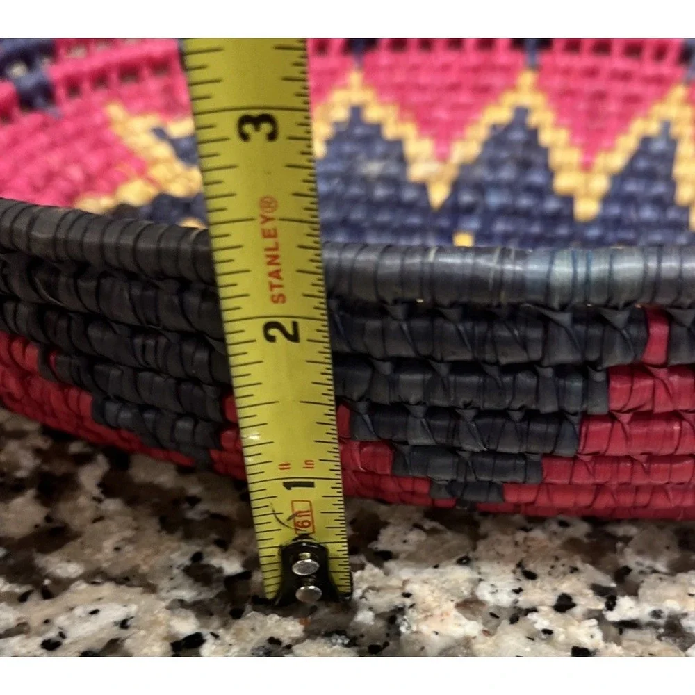 Southwestern/Mexican Jute Coil Weave Basket Colorful Pink Blue Oval 11.5